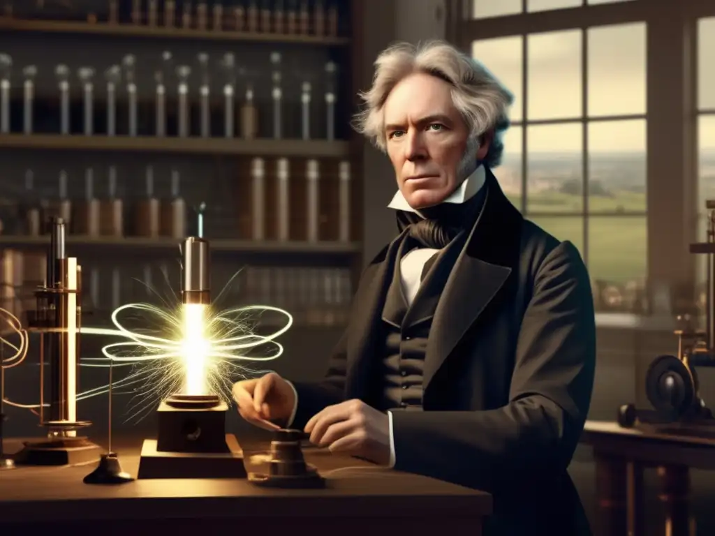 Concentrado en su experimento, Michael Faraday rodeado de equipo científico, con relámpagos de electricidad al fondo