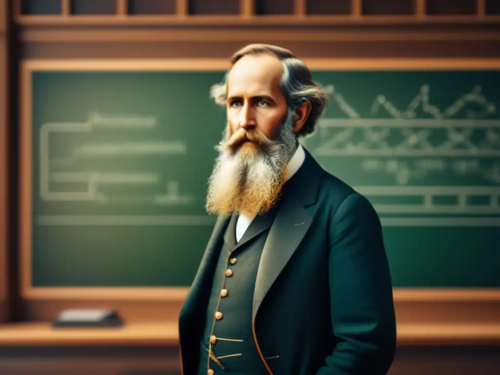 James Clerk Maxwell concentrado frente a un pizarrón con ecuaciones