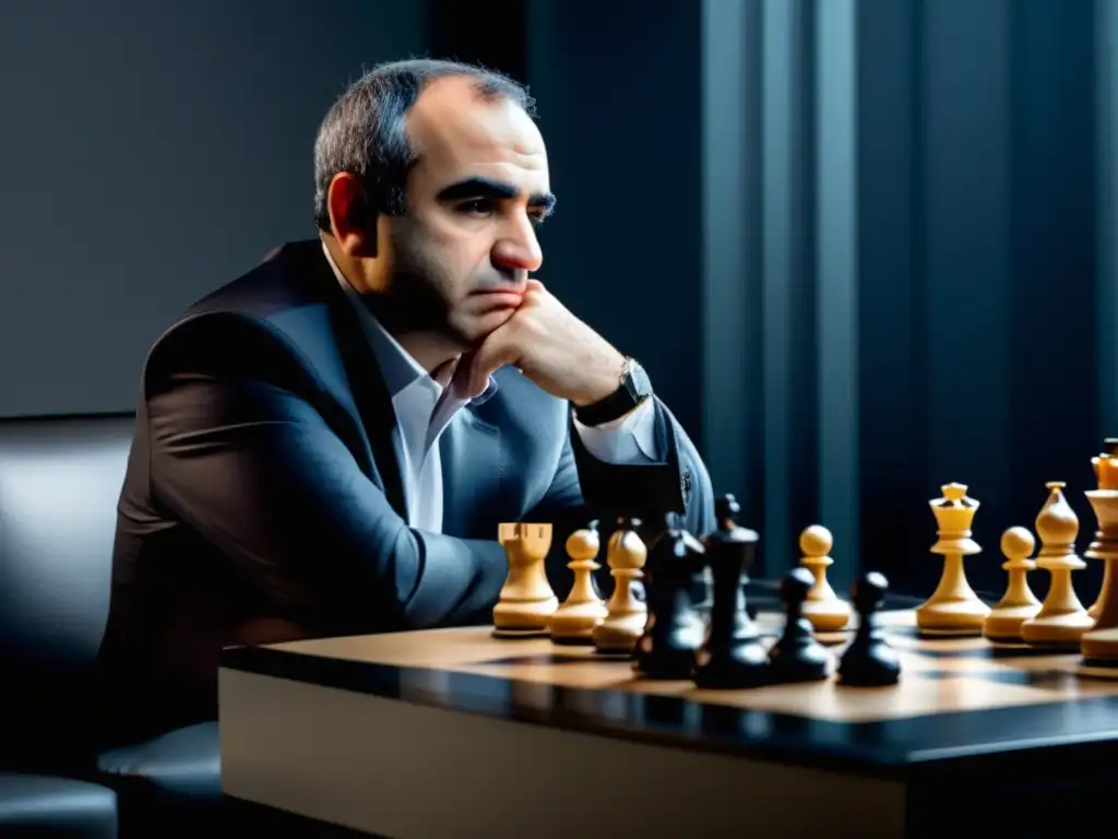 Garry Kasparov concentrado en partida de ajedrez, reflejando su legado estratégico
