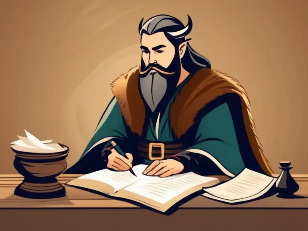 Snorri Sturluson concentrado en escribir, rodeado de pergamino