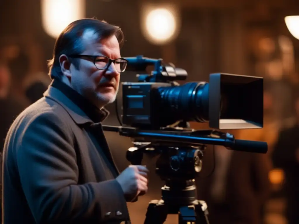 Lars von Trier concentrado en el set de filmación, con una expresión determinada