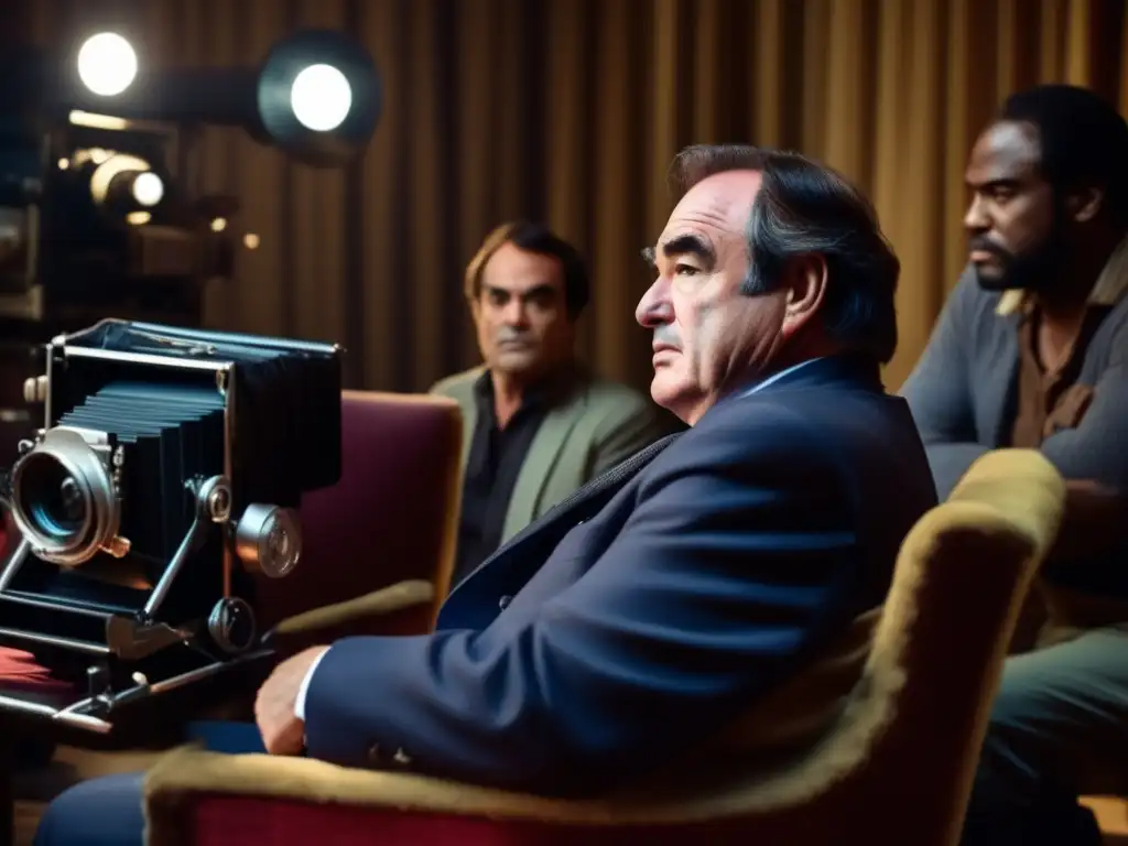 Oliver Stone concentrado en el set, rodeado de cámaras vintage y equipo, reflejando la importancia del cine en la historia