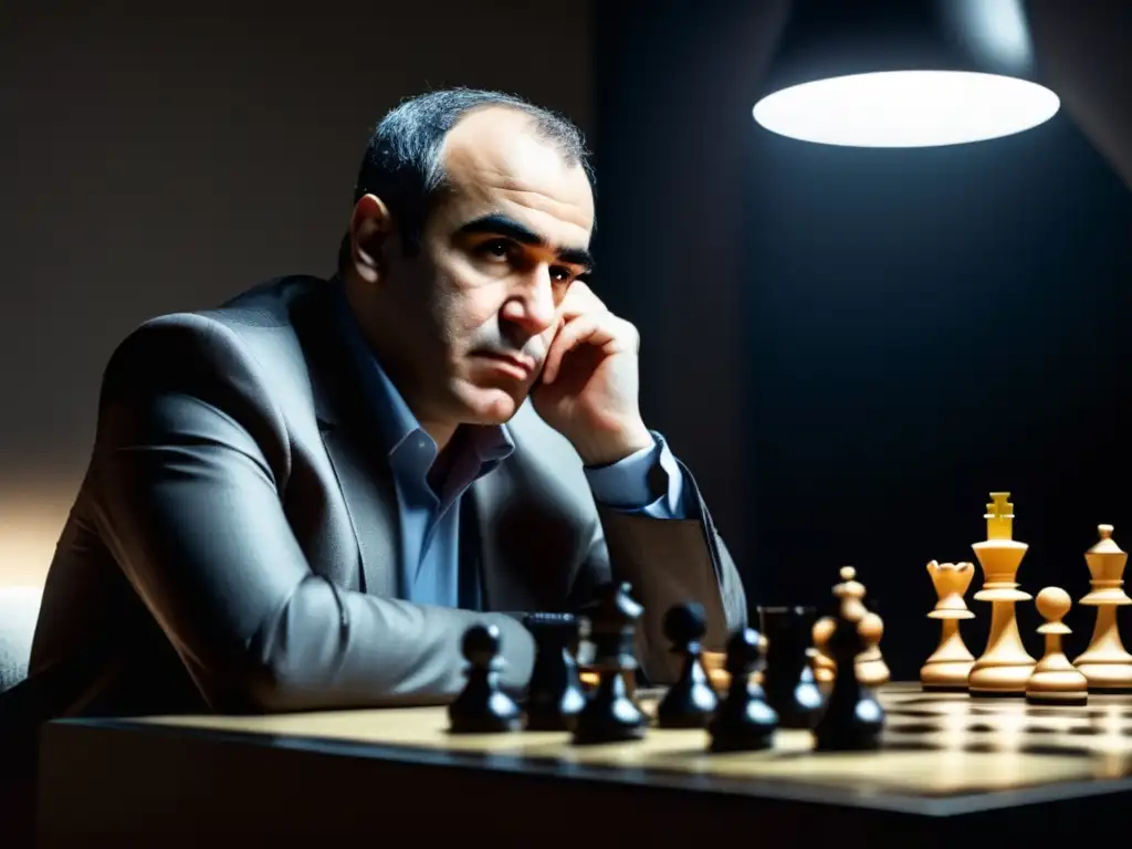Fotografía de alta resolución de Garry Kasparov concentrado en un tablero de ajedrez, reflejando su legado estratégico
