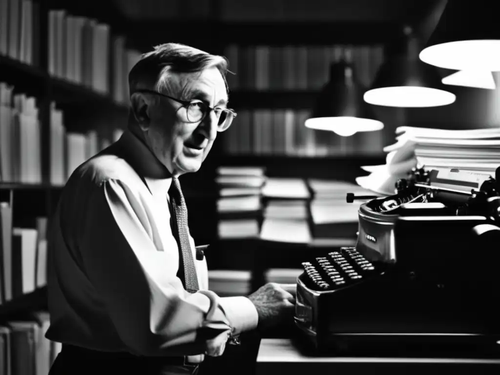 Seymour Hersh concentrado en su trabajo periodístico, rodeado de papeles y archivos en un ambiente dramático y vintage