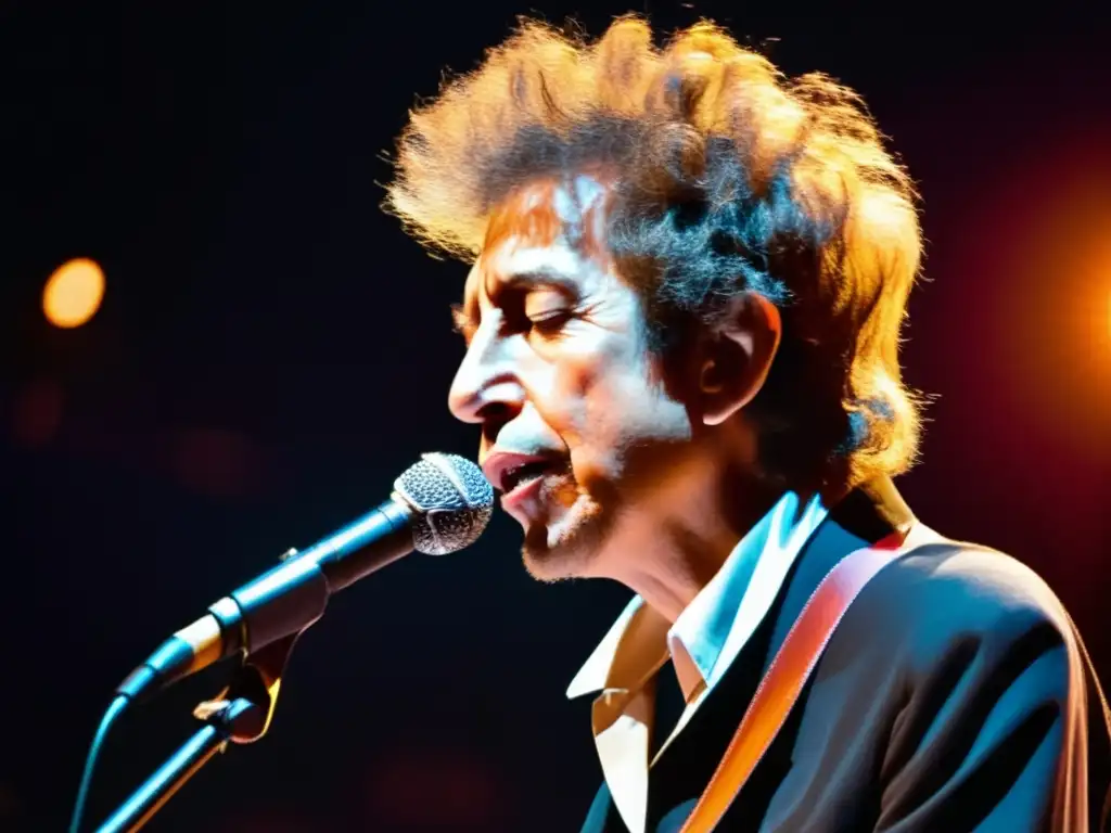 Bob Dylan en concierto, con intensidad en sus ojos al cantar