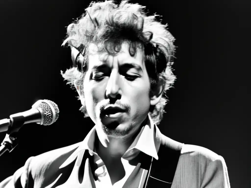 Bob Dylan en concierto, su mirada intensa y su cabello rizado capturan la esencia de su biografía de música