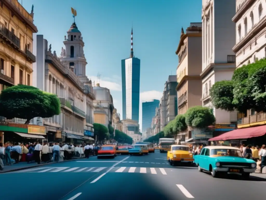 Una concurrida calle de la ciudad de Buenos Aires durante la década de 1990, mostrando rascacielos modernos junto a arquitectura histórica