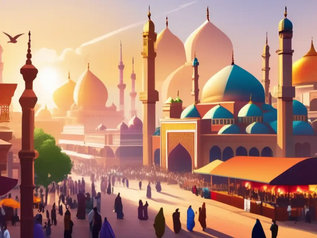 Una concurrida plaza multicultural con mezquita, catedral, templo budista y hindú resplandeciendo bajo el sol