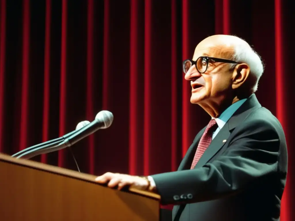 Milton Friedman ofrece una conferencia en la Universidad de Chicago, con una atmósfera sofisticada y luces intensas