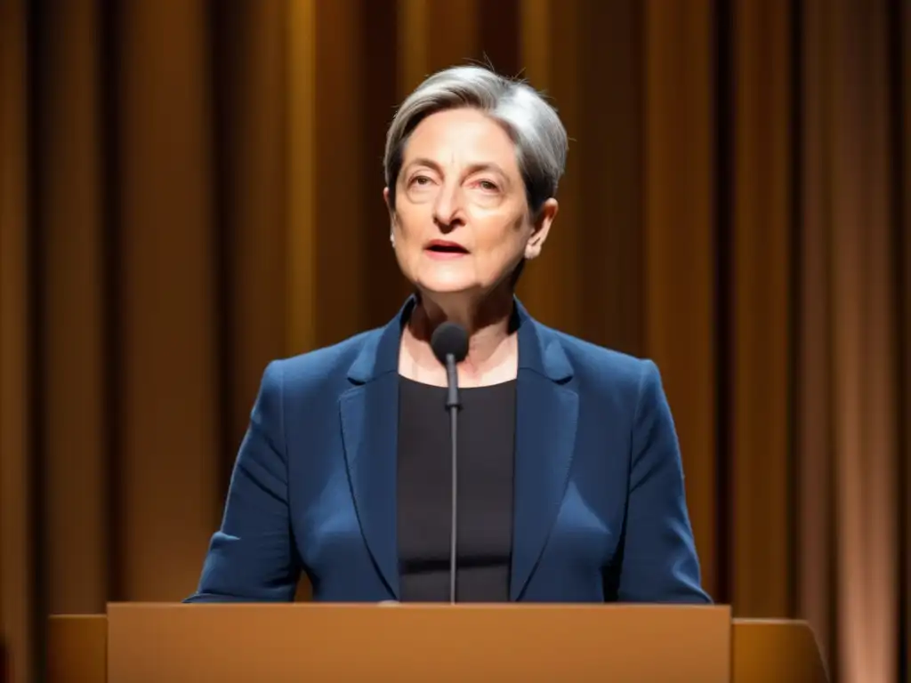 Judith Butler imparte una conferencia en un auditorio minimalista, proyectando autoridad y performatividad de género