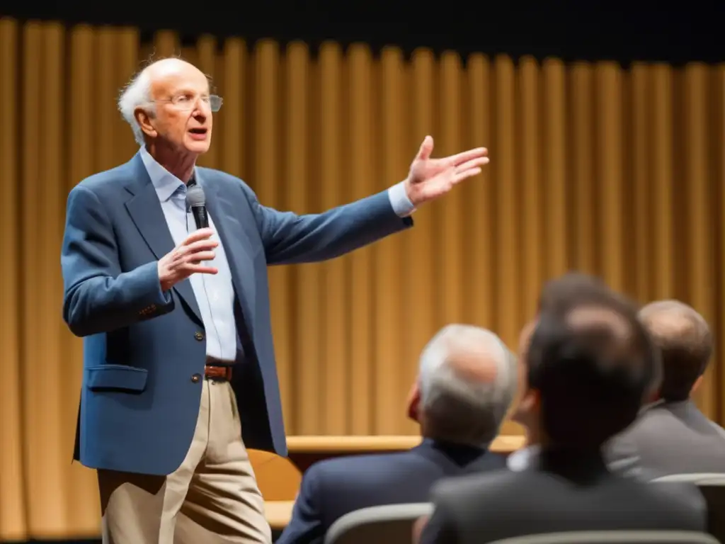 Gary Becker imparte una conferencia sobre Economía del comportamiento humano, con autoridad y pasión, en un auditorio contemporáneo
