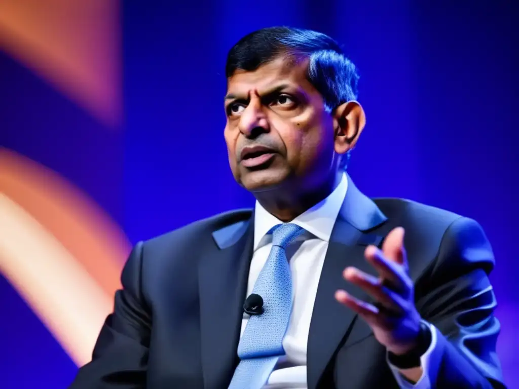 Raghuram Rajan en conferencia sobre Estabilidad financiera postcrisis lecciones, expresión seria, traje moderno, gestos enfocados