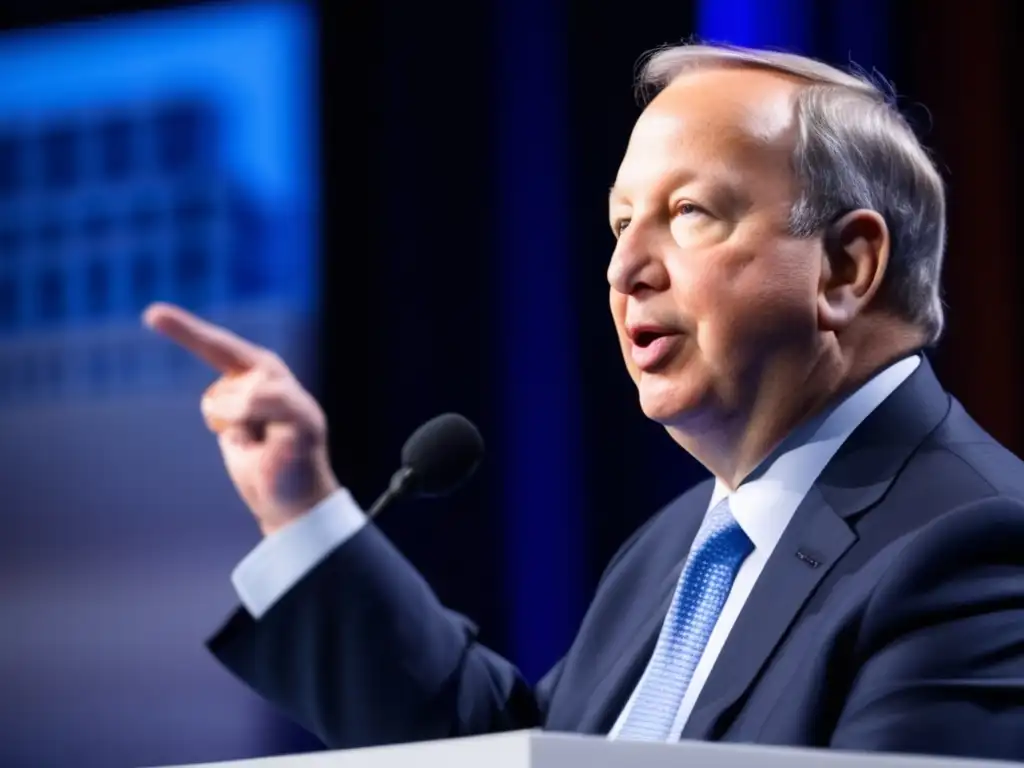 Lawrence Summers entrega una conferencia en un foro económico, con una ciudad vibrante de fondo