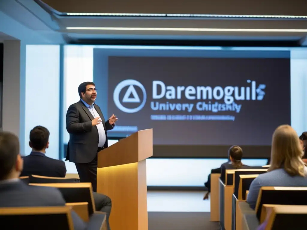 Daron Acemoglu imparte una conferencia sobre Teoría de las Instituciones Económicas en una universidad prestigiosa, con estudiantes y profesionales participando activamente