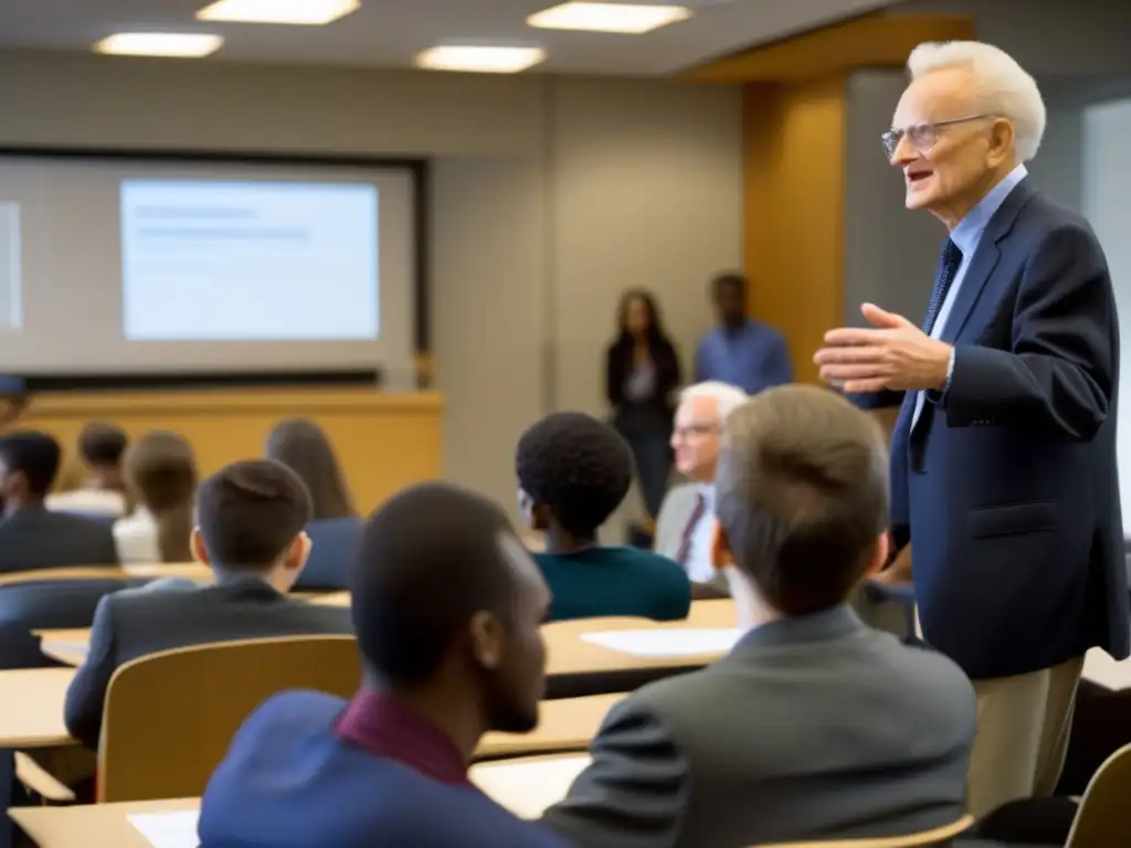 Paul Samuelson imparte una conferencia en una moderna aula universitaria, rodeado de estudiantes atentos