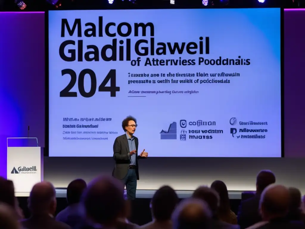 Malcolm Gladwell habla en una conferencia de periodismo, rodeado de profesionales