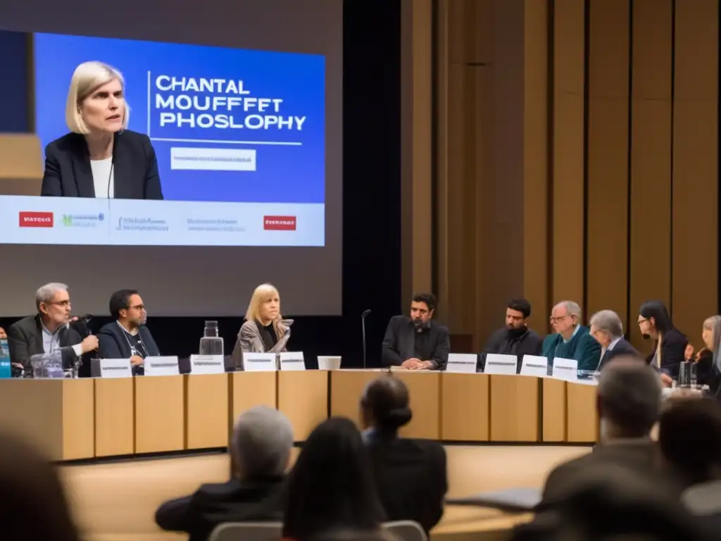 En la conferencia de filosofía política moderna, Chantal Mouffe expone su Teoría del Disenso con pasión, mientras el público escucha con atención y algunos toman notas en sus tablets