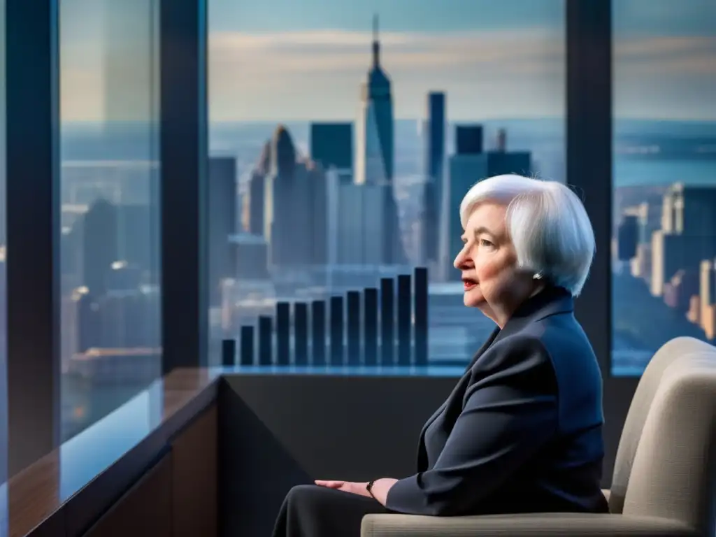 Janet Yellen en una conferencia de regulación financiera, con la ciudad de fondo a través de una ventana