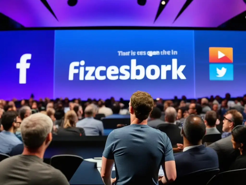 Mark Zuckerberg habla apasionadamente en una conferencia, rodeado de pantallas con análisis de redes sociales