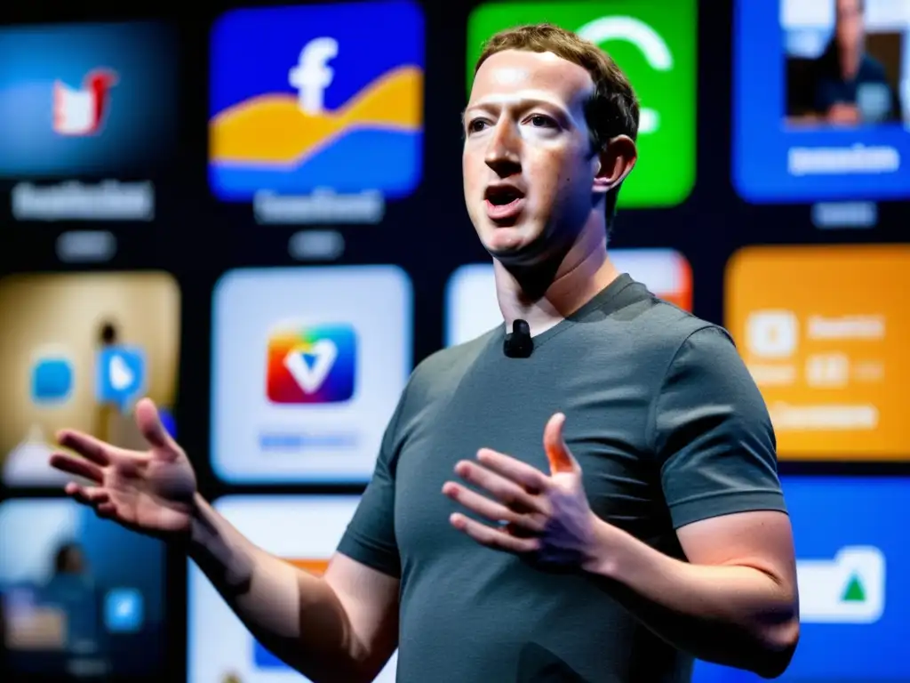 Mark Zuckerberg habla en una conferencia rodeado de pantallas mostrando plataformas de redes sociales y análisis de datos