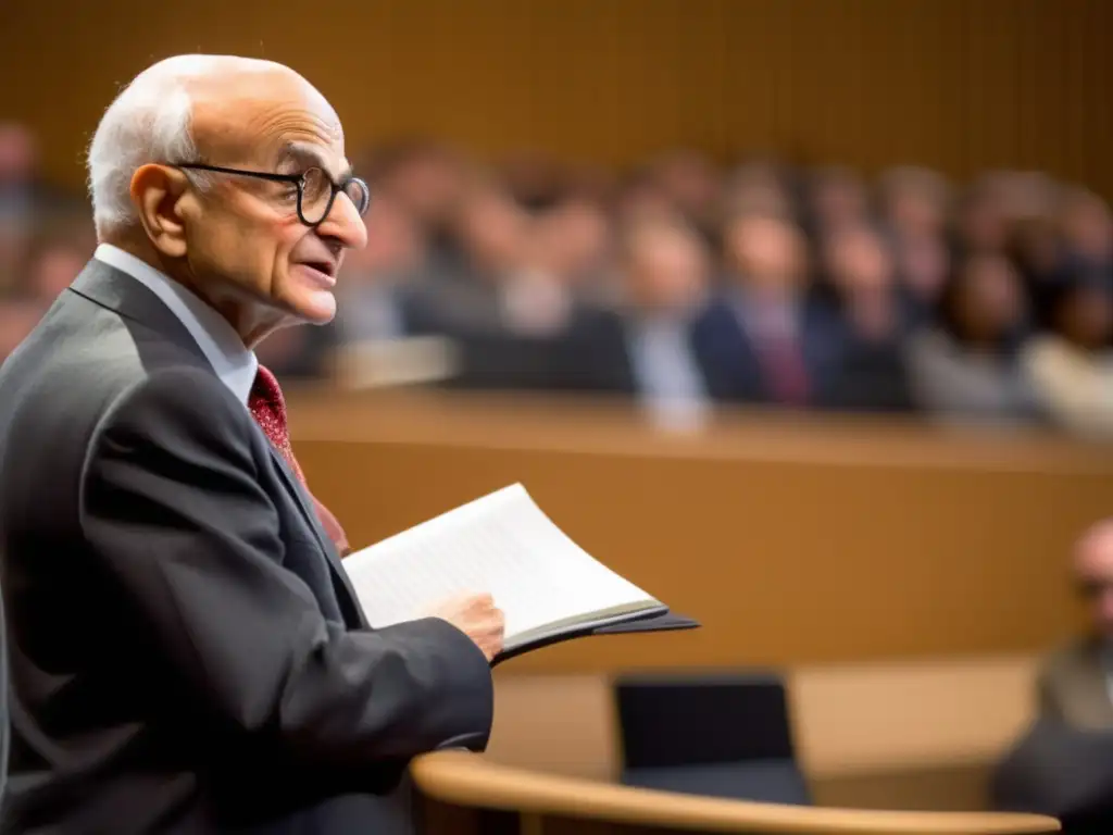 Milton Friedman impartiendo una conferencia en una universidad, rodeado de una audiencia atenta