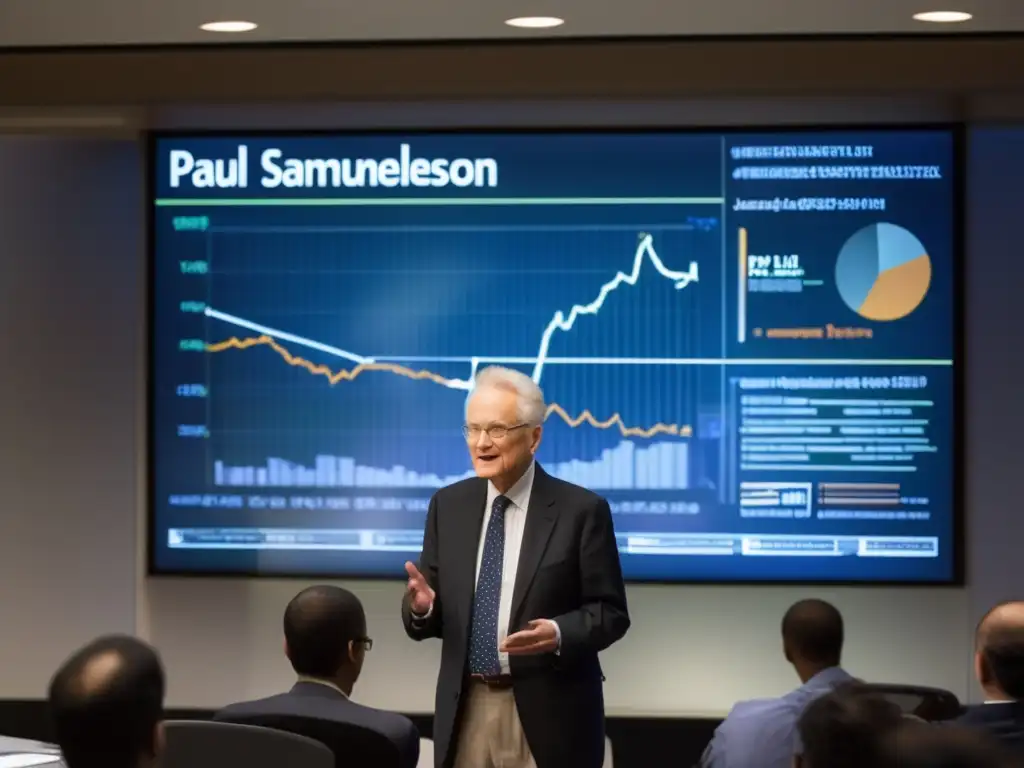 Paul Samuelson imparte una conferencia en una universidad, rodeado de gráficos económicos