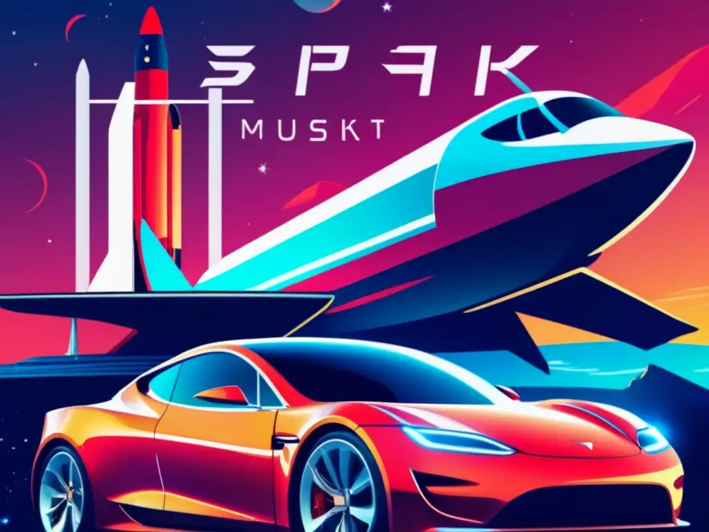 Elon Musk posa confiado frente al cohete de SpaceX y el Tesla Roadster, simbolizando su impacto en la exploración espacial y la innovación de vehículos eléctricos