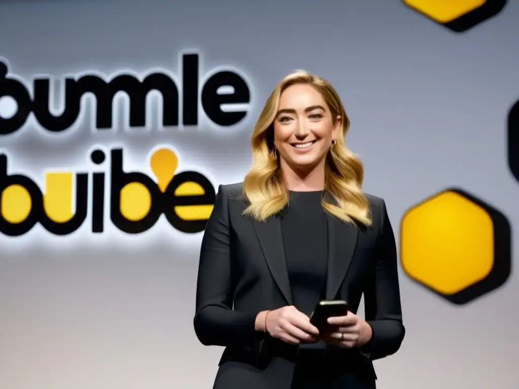 Whitney Wolfe Herd presenta con confianza la app de Bumble en un entorno moderno, reflejando su influencia en el dating online