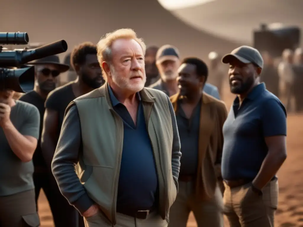 Ridley Scott dirige con confianza una escena crucial en el set, rodeado de su equipo y actores