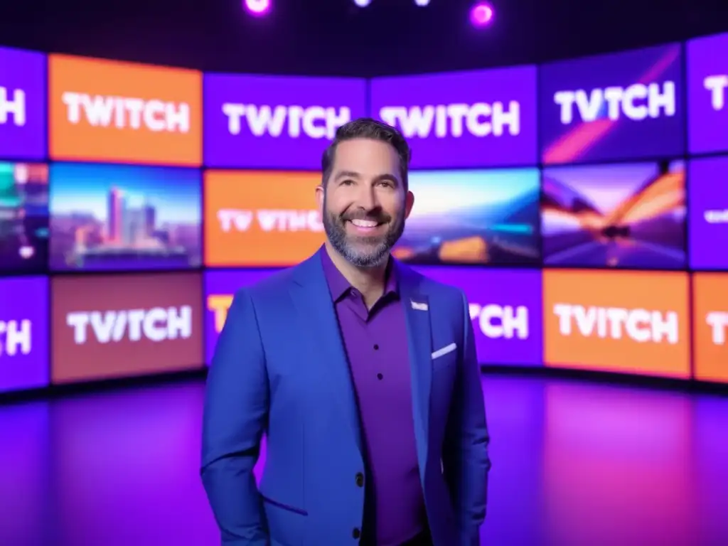 Emmett Shear, CEO de Twitch, irradia confianza y visión frente a una enorme pared de video, mostrando la revolución de la plataforma de streaming