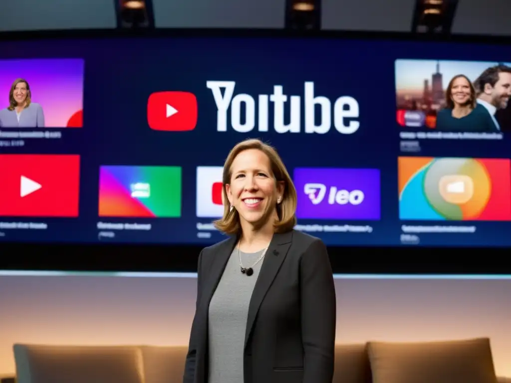 Susan Wojcicki, CEO de YouTube, lidera con confianza y determinación frente a una pared de videos vibrantes