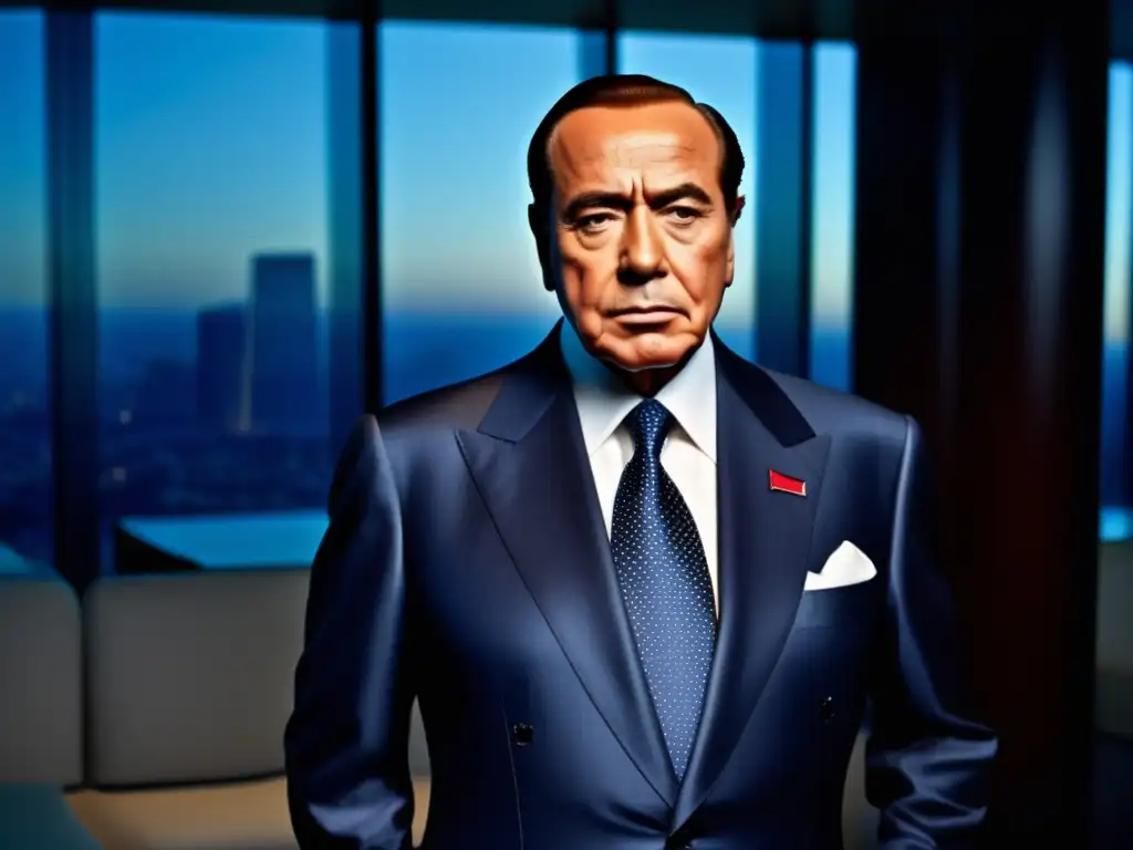 Una fotografía de alta resolución de Silvio Berlusconi, exudando confianza en un traje elegante en un entorno contemporáneo