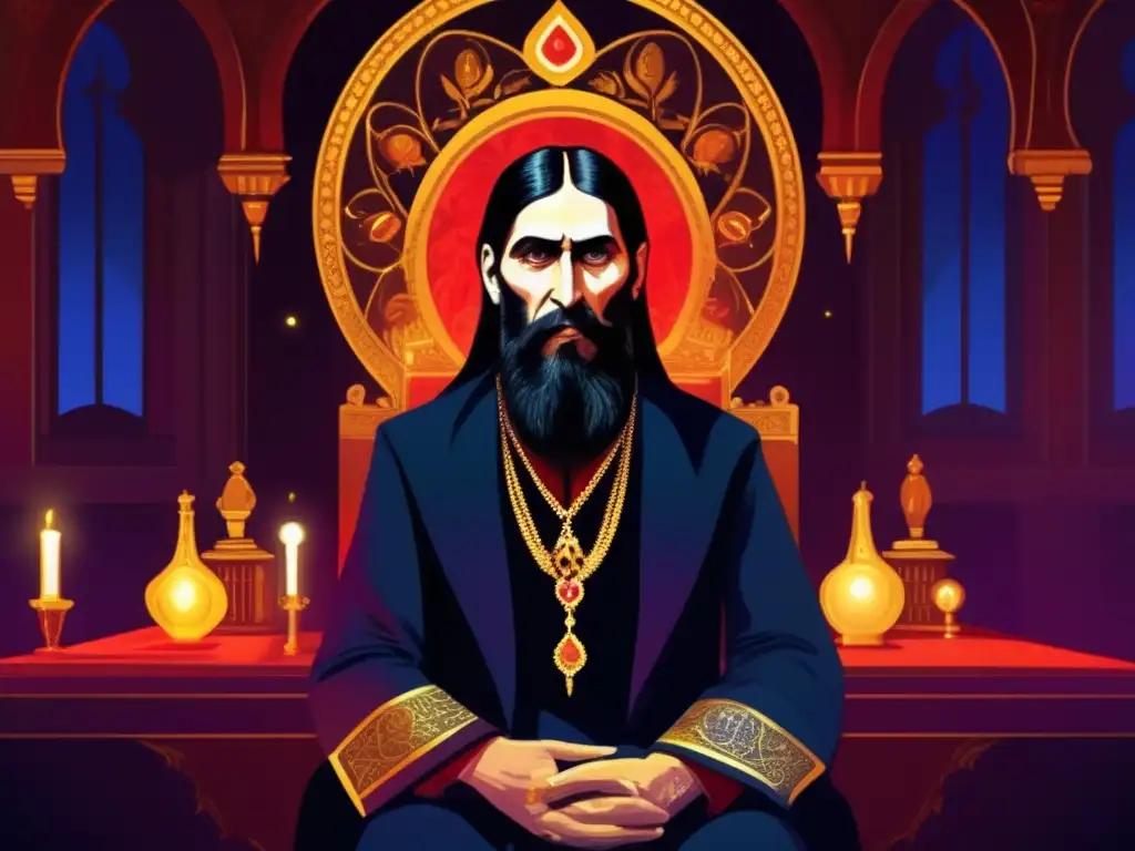 Rasputín, confidente de los Zares, enigmático y misterioso, rodeado de figuras sombrías en una habitación tenue y detallada