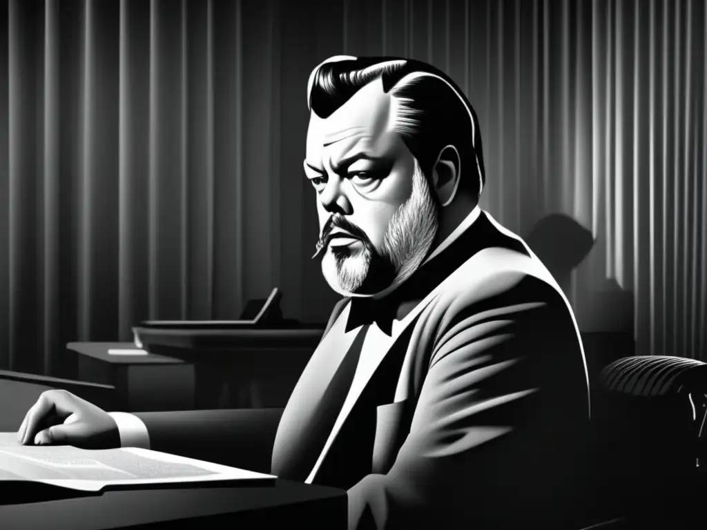 Conmovedora representación digital del legado eterno de Orson Welles en Ciudadano Kane, capturando su mirada intensa y energía creativa en blanco y negro