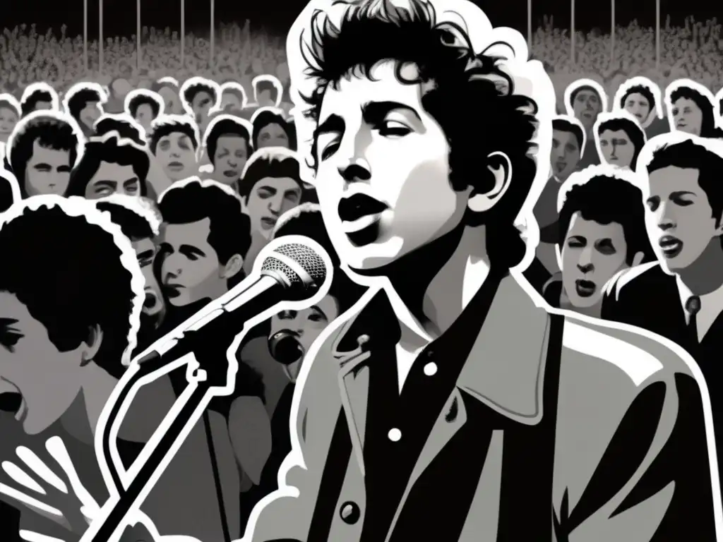 Conmovedora ilustración de Bob Dylan en el escenario en blanco y negro