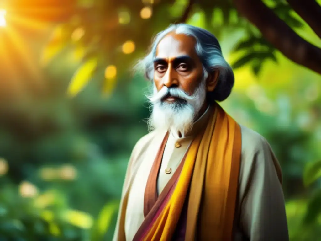 Una conmovedora fotografía de Rabindranath Tagore en un exuberante jardín, irradiando sabiduría y contemplación