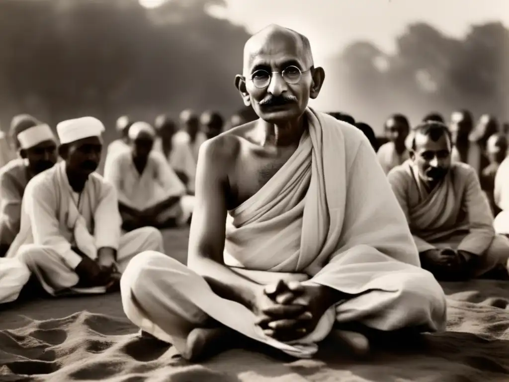 Una conmovedora imagen en blanco y negro muestra a Gandhi durante la guerra, con una expresión serena y contemplativa