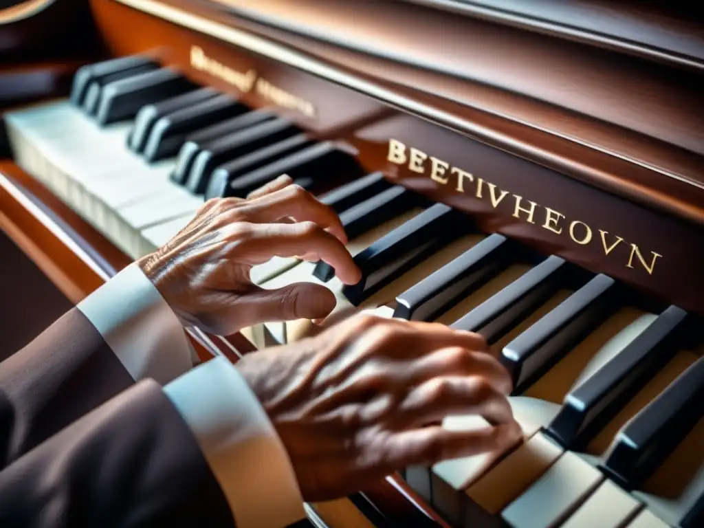 Conmovedora imagen de las manos de Ludwig van Beethoven tocando el piano con intensidad y emoción