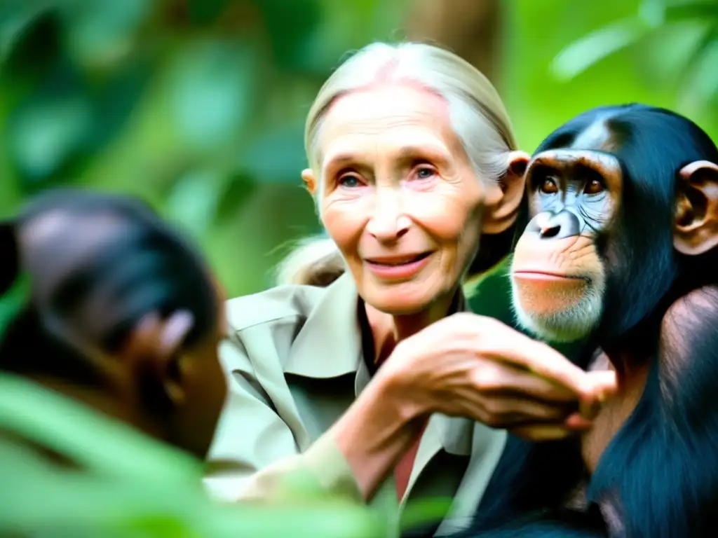 Una conmovedora imagen de Jane Goodall en el Parque Nacional Gombe, conectando con un joven chimpancé