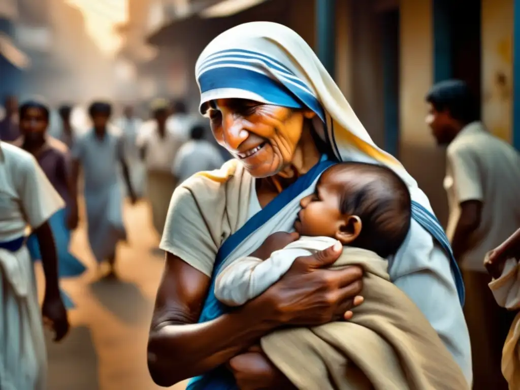La compasión de Mother Teresa en Calcuta: retrato emotivo Una conmovedora representación de Santa Teresa de Calcuta sosteniendo a un niño enfermo, en medio de la bulliciosa y empobrecida Calcuta