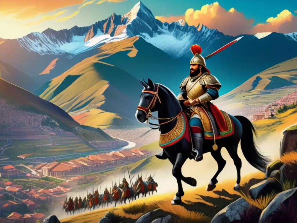 La conquista de Francisco Pizarro: Ilustración digital detallada en 8k de Pizarro y sus tropas en los Andes, con Cusco al fondo