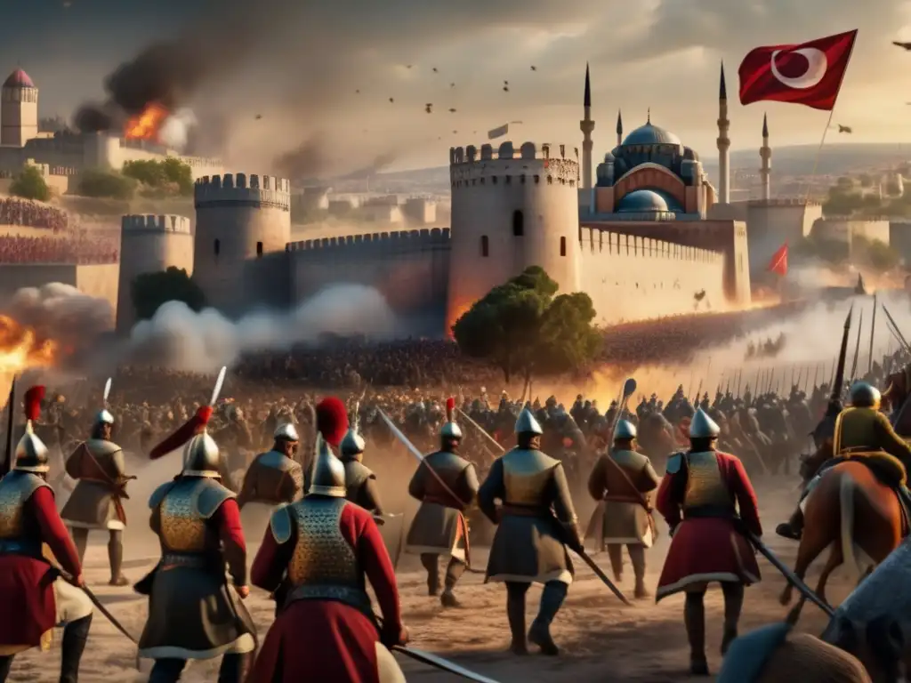 Mehmed el Conquistador lidera el asedio a Constantinopla en una detallada imagen de 8k, que muestra la intensidad del evento histórico