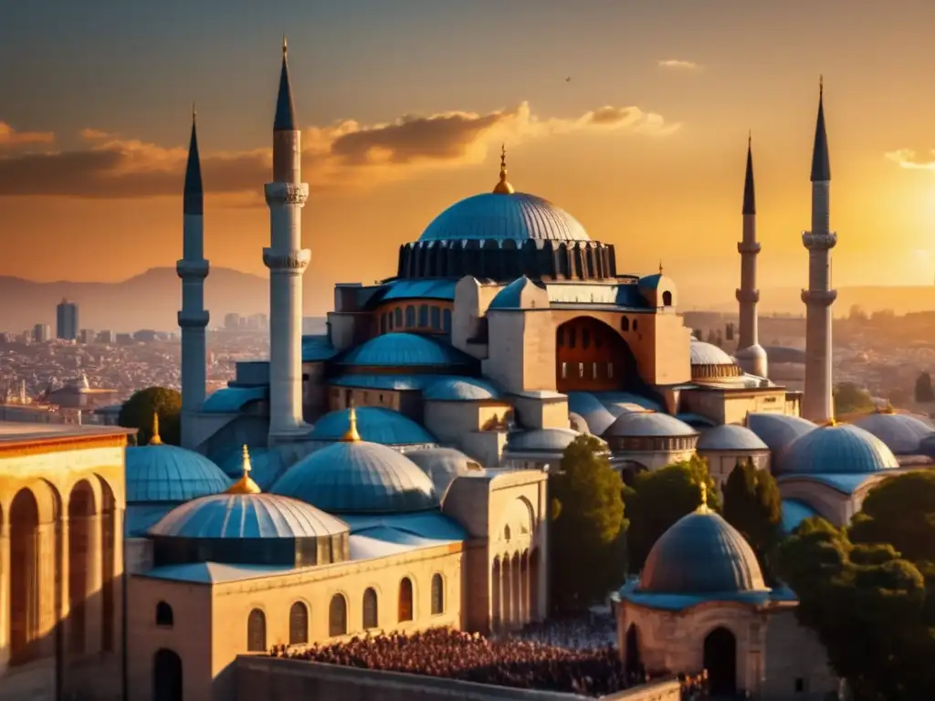 Mehmed el Conquistador en frente de la majestuosa Hagia Sophia con la ciudad de Constantinopla detrás, bañado por una cálida luz dorada al atardecer