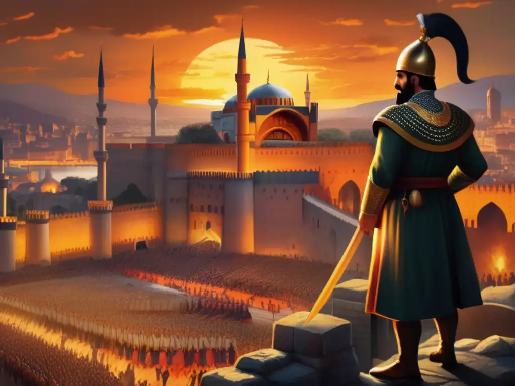 Mehmed el Conquistador frente a las murallas de Constantinopla, rodeado de su ejército mientras el sol se pone dramáticamente