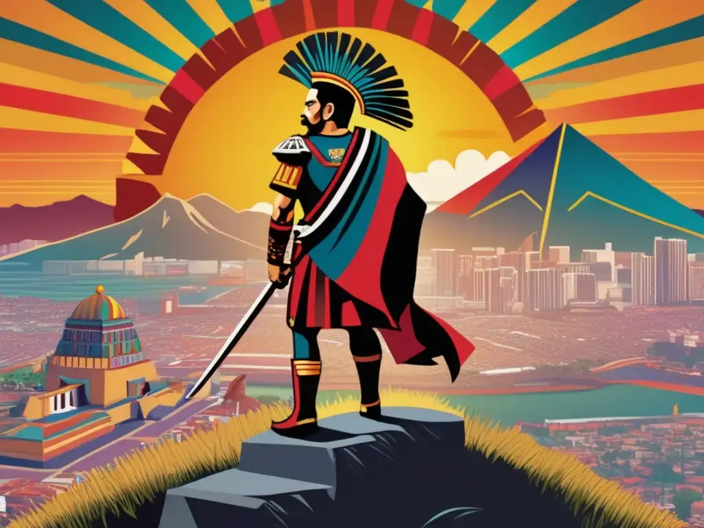 Hernán Cortés conquistador México polémica - Una impactante obra digital muestra a Cortés sobre Tenochtitlan, simbolizando el choque de civilizaciones