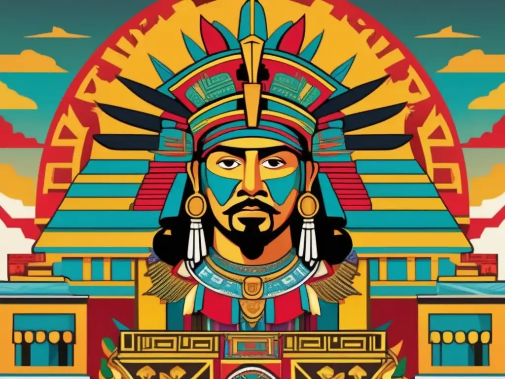 El conquistador Hernán Cortés triunfa en el imperio azteca, con colores vibrantes y detalles intrincados