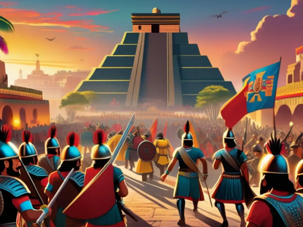 Hernán Cortés, conquistador del imperio azteca, lidera a sus hombres por las calles vibrantes de Tenochtitlan, con el imponente Templo Mayor de fondo y la bulliciosa multitud azteca