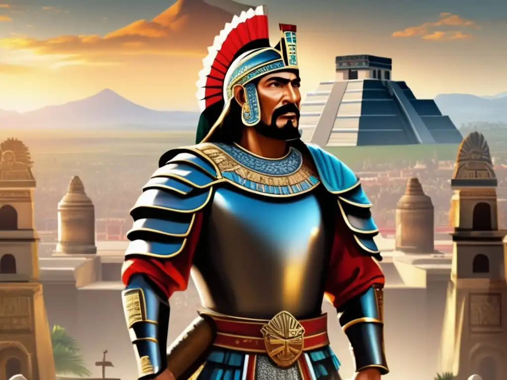Hernán Cortés, conquistador, se alza ante el imperio azteca en un momento histórico de determinación y grandiosidad