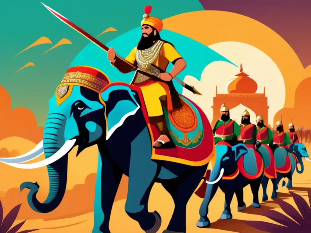 Mahmud de Ghazni, un conquistador islámico, monta un elefante de guerra en un vibrante y poderoso ilustración histórica del Subcontinente Indio