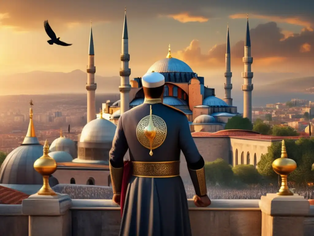Mehmed el Conquistador en triunfo ante la Constantinopla caída, con la Hagia Sophia y las icónicas murallas al fondo